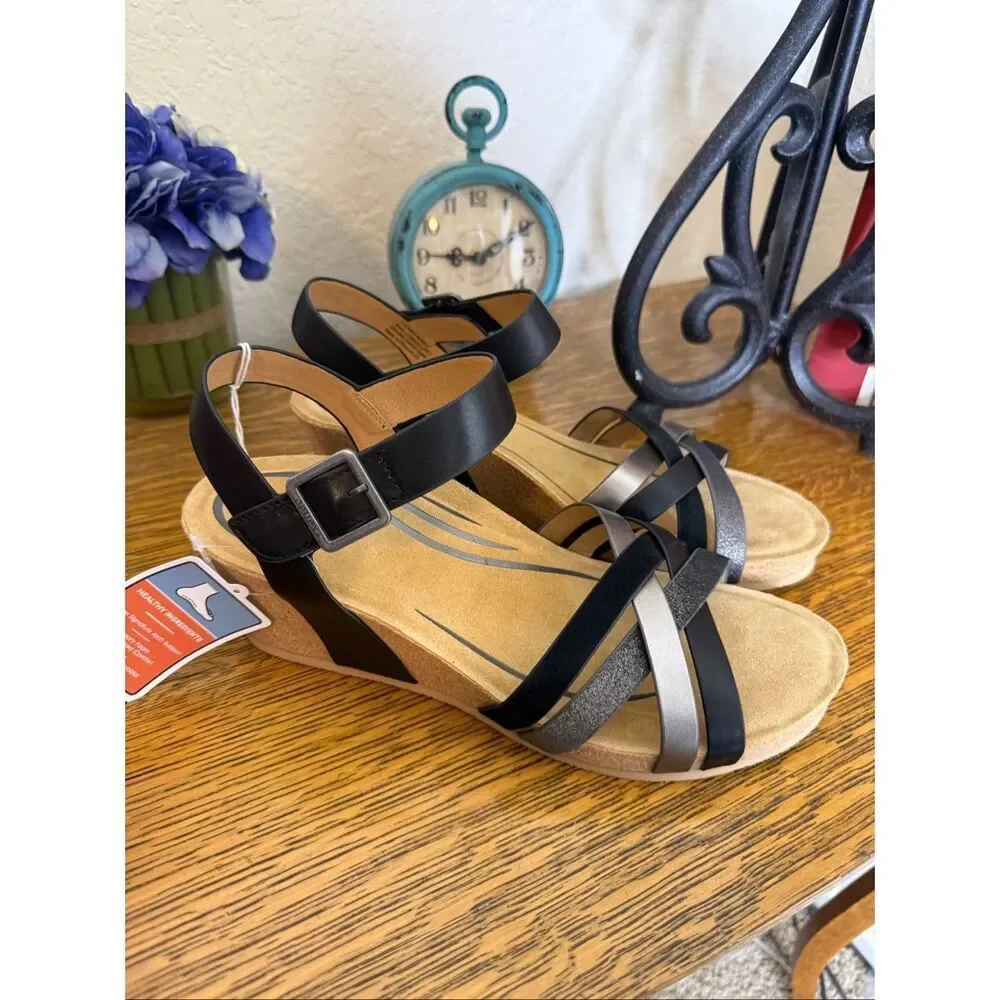 NEW Aetrex Noelle Arch Support Wedge Sandal Black & Silver Leather Sz10 Summer